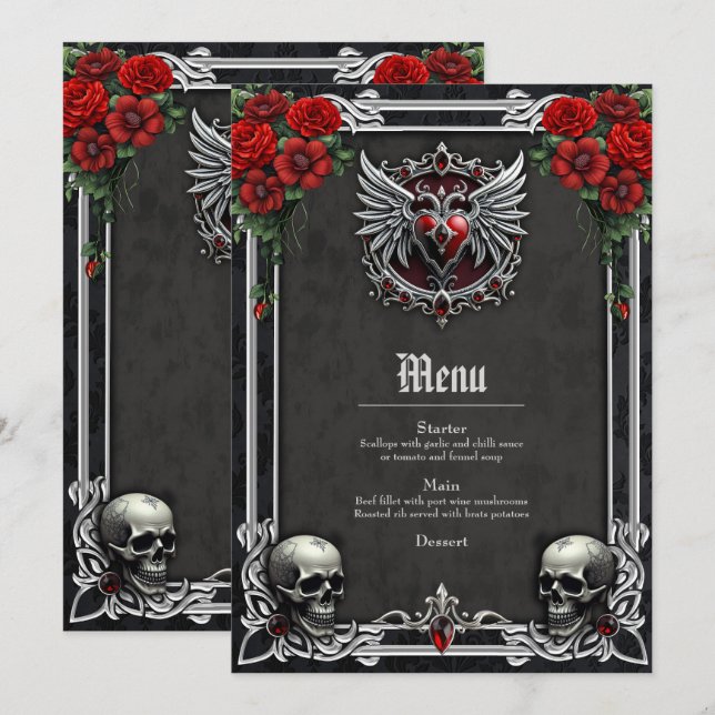 Menú Simbiosis gótica, corazón elegante y cráneos (Anverso / Reverso)