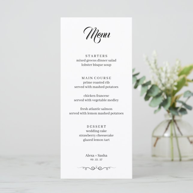Menú Simple Black & White Elegant Minimalist Wedding (Anverso de pie)