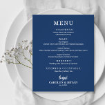 Menú simple Boda azul de la marina de lujo<br><div class="desc">Una pequeña carta de menú a la carta, a precios razonables, en papel azul marino, con su selección de comida con letras blancas de moda, es perfecta para una recepción nupcial moderna, cena de boda, fiesta de aniversario o cualquier evento especial con una cena sentada. *Medidas de 4, 5" x...</div>