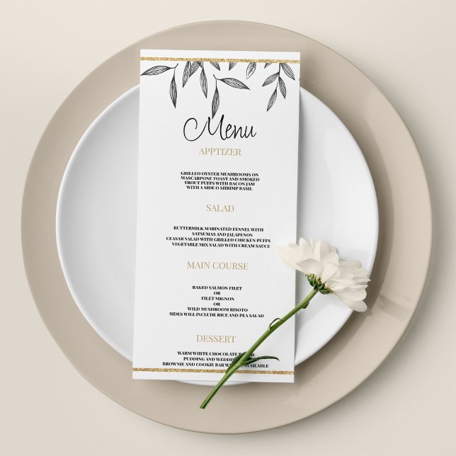 Menú simple Boda de follaje de oro blanco negro (Simple black white gold foliage Wedding Menu)