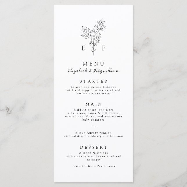 Menú Simple Boda Mínimo de Flor de Cerezo Monograma (Anverso)