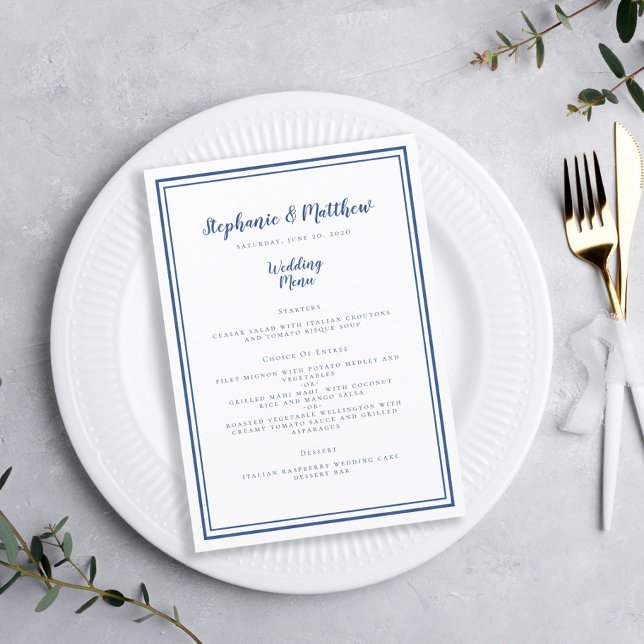 Menú simple Boda Moda clásica con marco azul (Simple Wedding Menu Classic Blue Framed Chic Guest Dinner Menu)