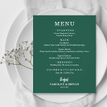 Menú simple Boda verde esmeralda elegante de presu<br><div class="desc">Una carta de menú para la cena en verde esmeralda con una selección de platos con letras blancas de moda. Perfecto para una recepción nupcial moderna, cena de boda, fiesta de aniversario o cualquier evento especial con una cena. Medidas de 4, 5" x 5, 6" (o elegir entre otros 2...</div>