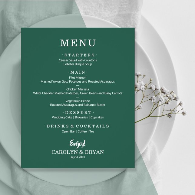 Menú simple Boda verde esmeralda elegante de presu (Subido por el creador)