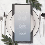 Menú simple de Boda azul opaco y opaco<br><div class="desc">Sencillos menús de la cena de Bodas Azules y Blancas De Ombre. Esta moderna tarjeta de menú de moda es sencilla, clásica y elegante, con un suave degradado oscuro y un tipo de letra de caligrafía con bonito con cruz. Mostrado en la nueva autopista. Disponible en varias opciones de color,...</div>