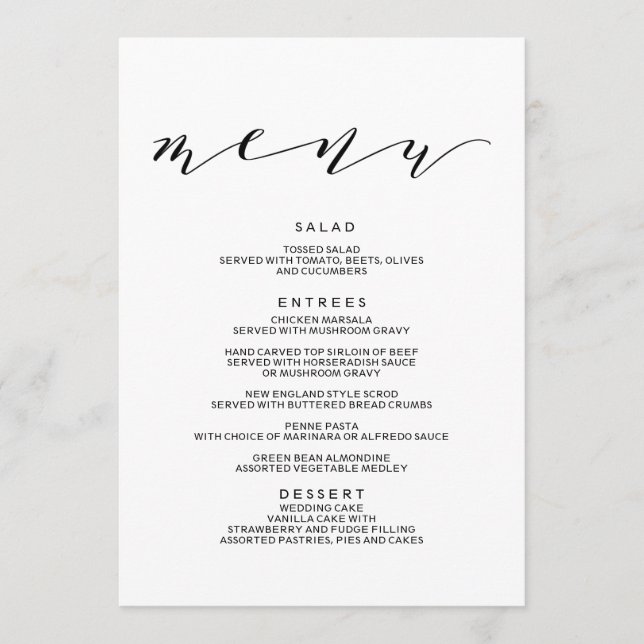 Menú simple de Boda de caligrafía romántica (Anverso)