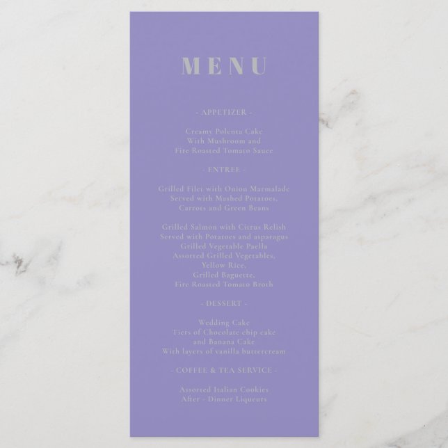 Menú simple de plata y lavanda (Anverso)