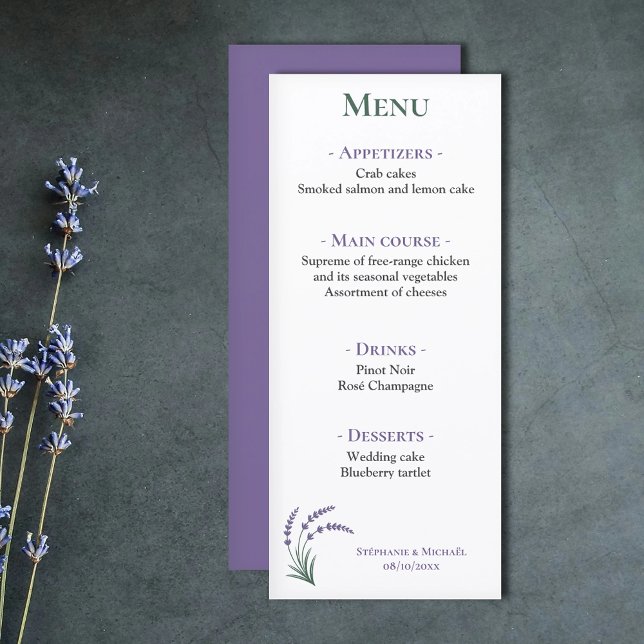 Menú Simple de Recepción de Boda de Lavanda (Simple Lavender Wedding Reception Menu)