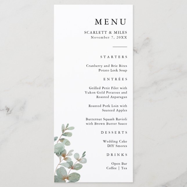 Menú simple del Boda Eucalyptus (Anverso)