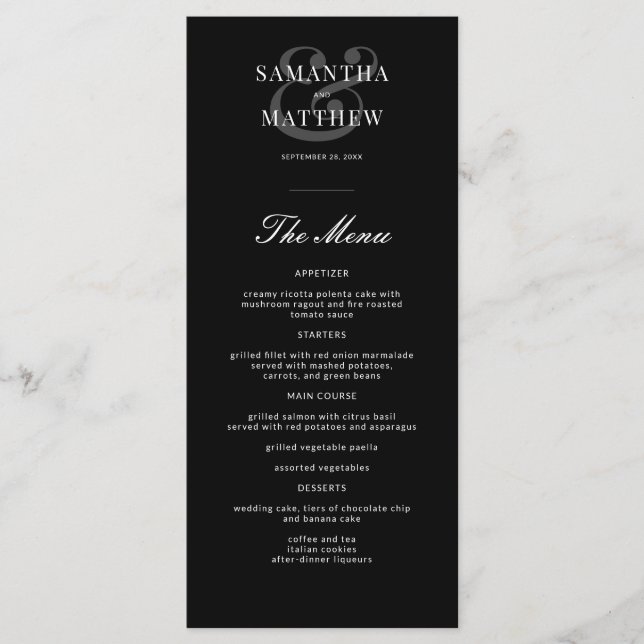 Menú simple elegante de Bodas formales negros (Anverso)