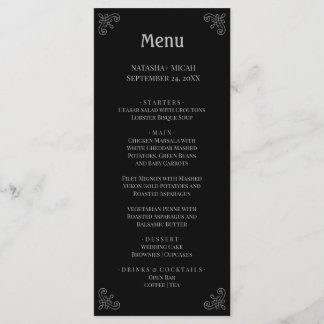 Menú simple elegante negro y falso plateado