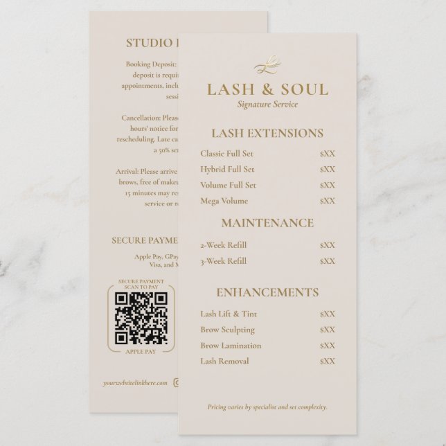 Menú Simple Lash Brows Makeup Artist Price List QR (Anverso / Reverso)