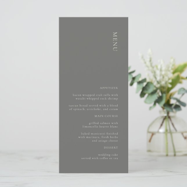 Menú simple Minimalista de Boda gris oscuro (Anverso de pie)