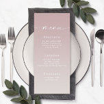 Menú simple Ombre Mauve & Gardenia Boda blanco<br><div class="desc">Sencillo menú de la cena de la cena de la Boda Blanca Ombre Mauve Pink & Gardenia. Esta moderna tarjeta de menú de moda es sencilla, clásica y elegante, con un suave degradado oscuro y un tipo de letra de caligrafía con bonito con cruz. Mostrado en la nueva autopista. Disponible...</div>