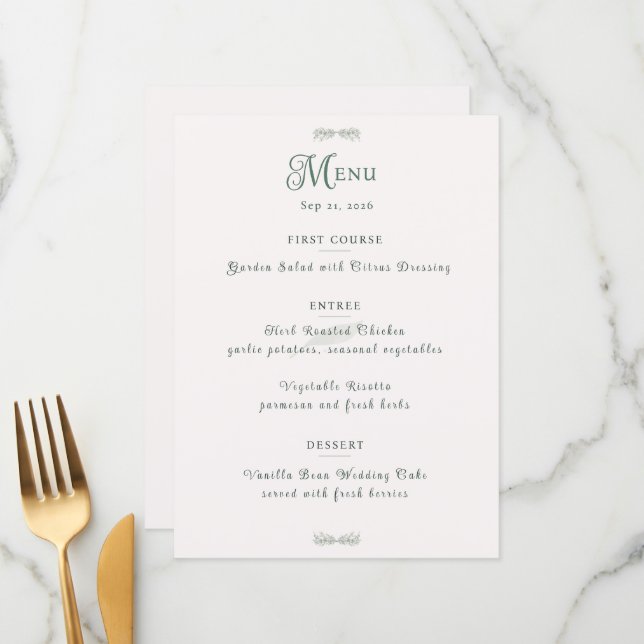 Menú Simple Sage Green Botanical Minimalist Wedding (Anverso/Reverso In Situ)