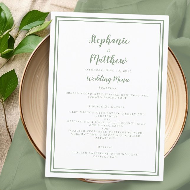 Menú Simple Verde Sage Blanco Boda Cena Elegante (Simple Sage Green White Wedding Elegant Dinner Menu)