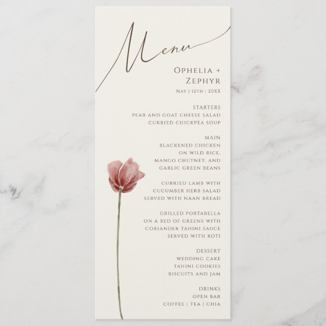 Menú Simple Wildflower | Cena de boda beige (Anverso)