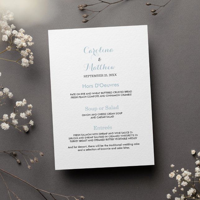 Menú simple y elegante de Boda azul pastel (Simple elegant white pastel blue Wedding Menu)