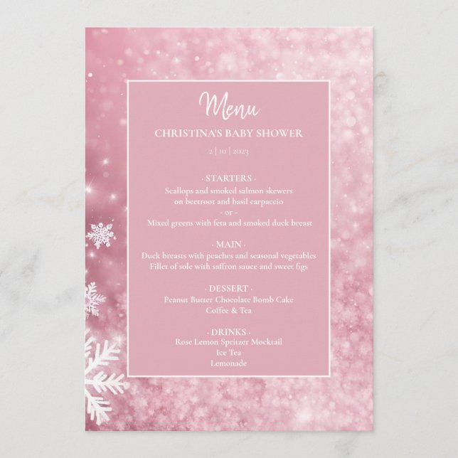 Menú Snowflake Winter Wonderland Baby Shower rosa (Anverso)