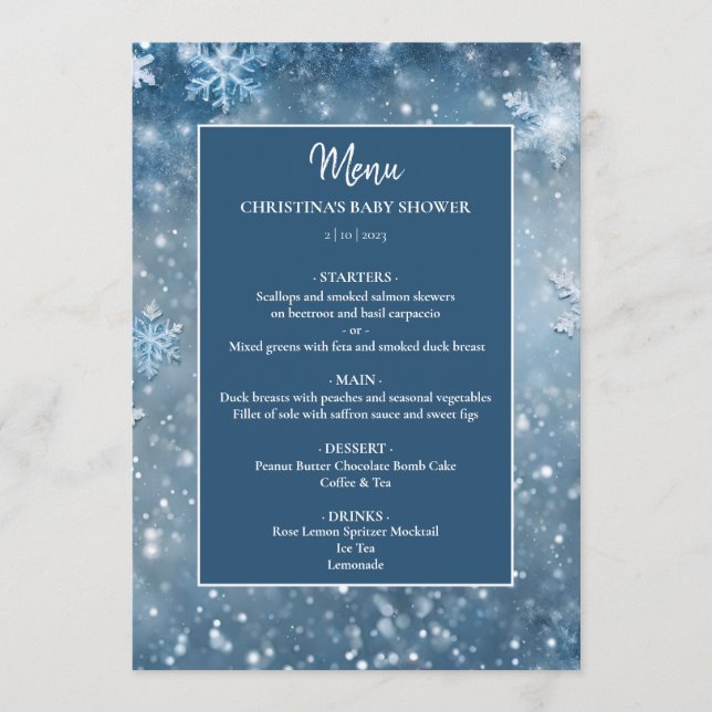 Menú Snowflake Winter Wonderland Blue Baby Shower (Anverso)