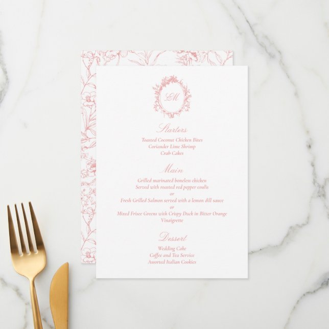 Menú Sofisticada Boda Chinoiserie Botánica Rosa (Anverso/Reverso In Situ)