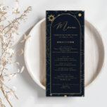 Menú Sol celeste y Moon Gold and Navy<br><div class="desc">Diseñada para coordinarse con nuestra colección mística celestial, esta tarjeta de menú boda de personalizable única cuenta con magníficos elementos celestes dorados en un fondo marino oscuro. Para una personalización más avanzada de este diseño, por ejemplo, cambiar el diseño, el tamaño de letra o el tamaño del texto, haga clic...</div>