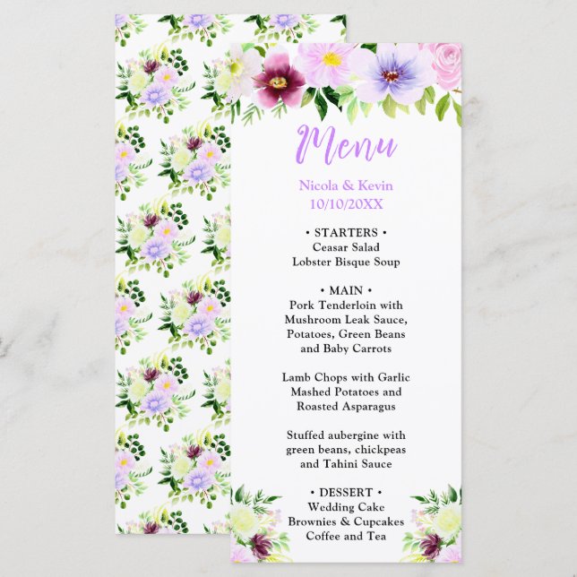 Menú Spring Purple Flowers with Foliage (Anverso / Reverso)