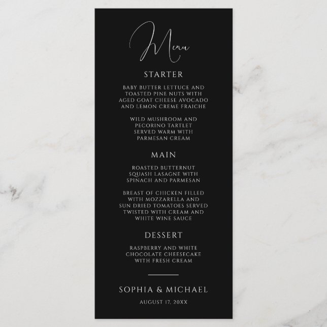 Menú Stylish Modern Script Black And White Wedding (Anverso)