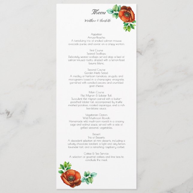 Menú Sublime acuarela Red Poppies en estilo vintage (Anverso)