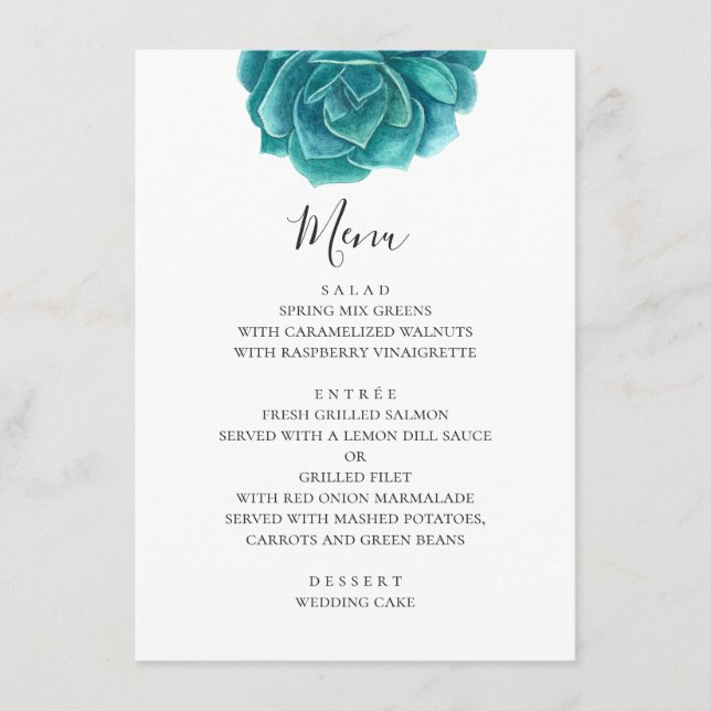 Menú Suculenta azul acuarela. Boda azul turquesa. Botán (Anverso)