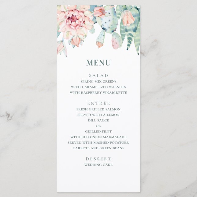 Menú Suculentas de boda en acuarela. Cactus floral rosa (Anverso)