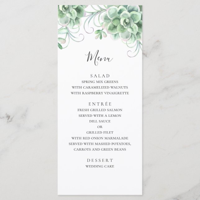 Menú Suculentos acuarelas. Greenery cactus boda (Anverso)