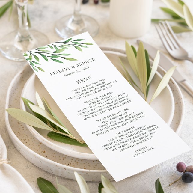 Menú Sucursal Boho Watercolor Greenery Branch Elegant W (Simple green watercolor branches for a simple modern wedding reception menu.)