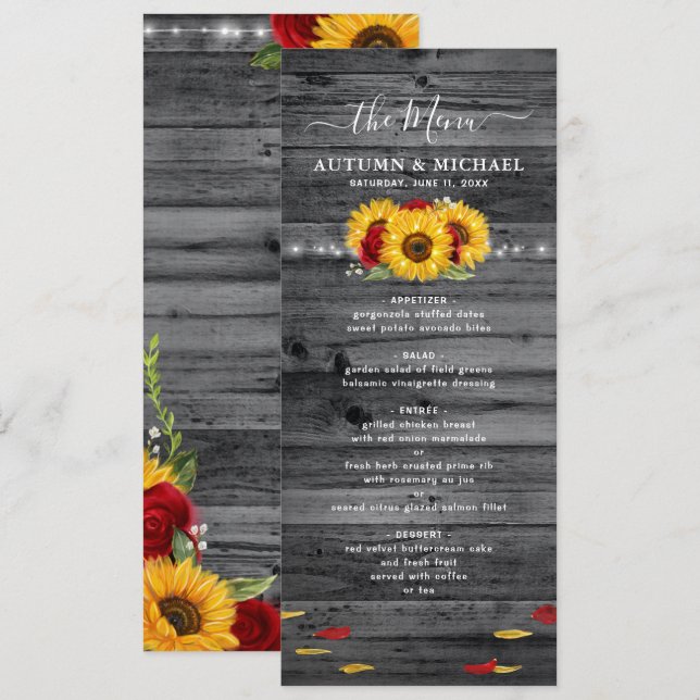 Menú Sunflower de madera Rústica y Boda Rosa Roja (Anverso / Reverso)