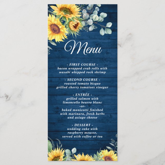 Menú Sunflowers Eucalyptus Rustic Blue Wood Boda (Anverso)