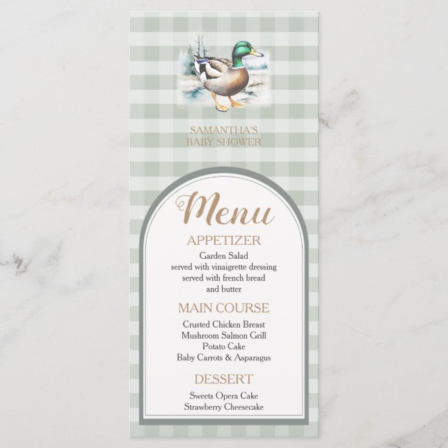 Menú Sweet Little Duckling Mallard Gingham Baby Shower (Anverso)