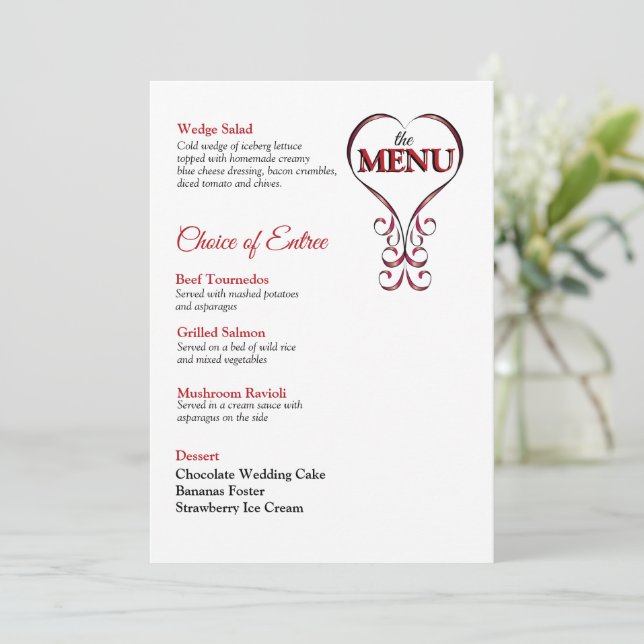 Menú Tamaño de invitación rojo y negro (Anverso de pie)