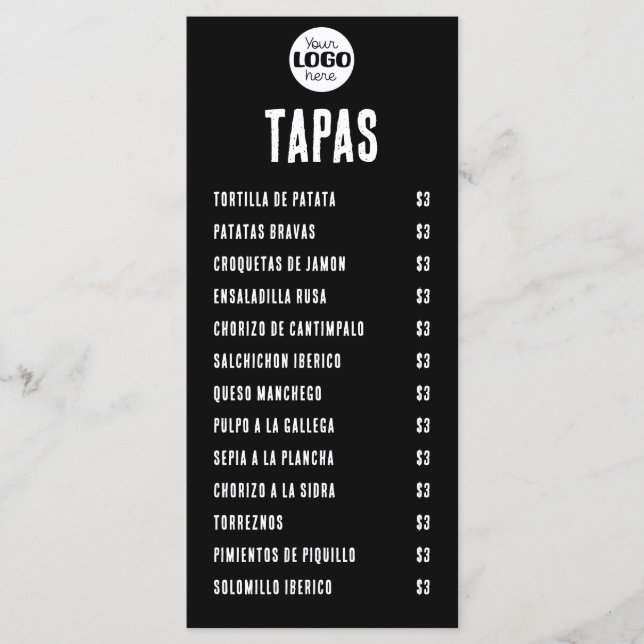 Menú Tapas y Raciones Españolas en Blanco y Negro (Anverso)