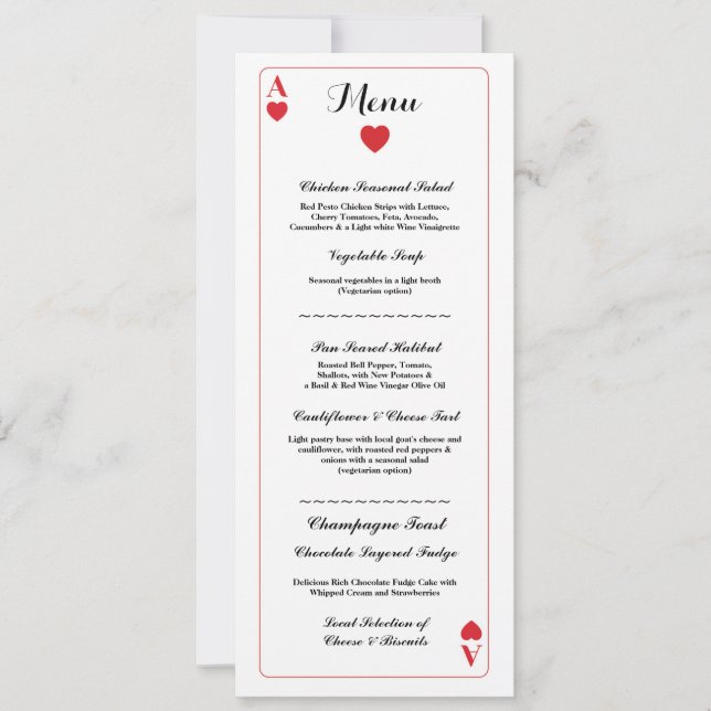 Menú Tarjetas de juego de boda Recepción As de Cor (Anverso)