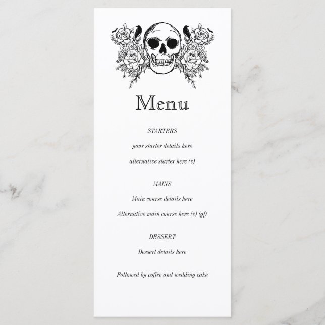 Menú tatuaje de cráneo floral blanco y negro (Anverso)