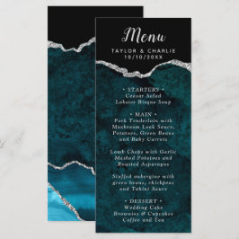 Menú Teal Blue and Silver Agate Marble Wedding