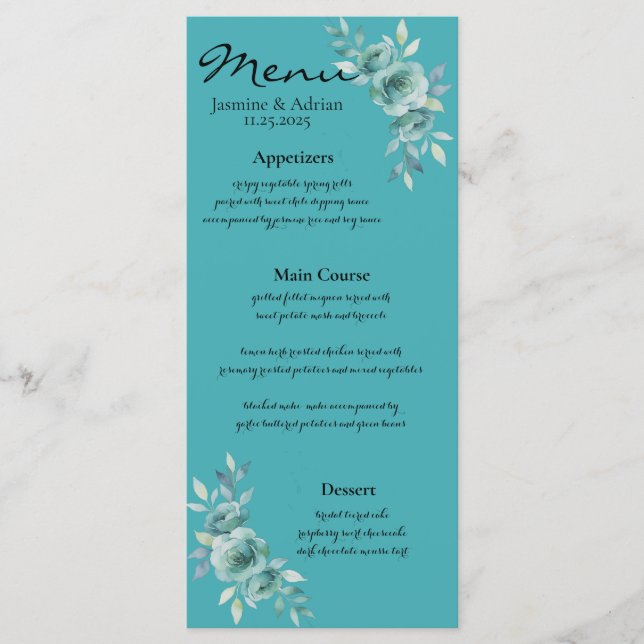 Menú Teal Whisper Blooms Wedding (Anverso)