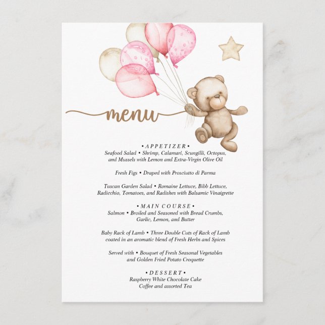 Menú Teddy Bear Baby Bear Baby Shower (Anverso)