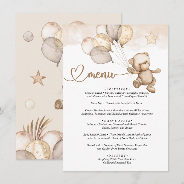 Menú Teddy Bear Baby Bear Baby Shower (Anverso / Reverso)