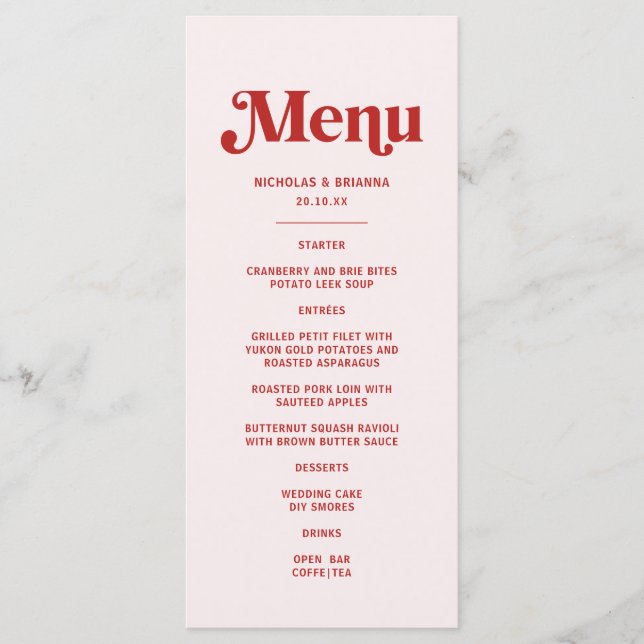 Menú Tema de boda moderno rojo y rosa (Anverso)
