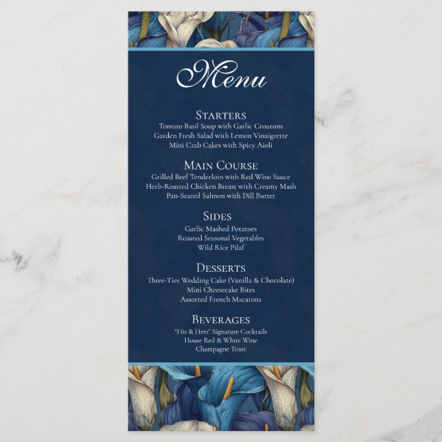 Menú Tema de Boda Rústica de Lirio de Calla Azul Elegan (Anverso)