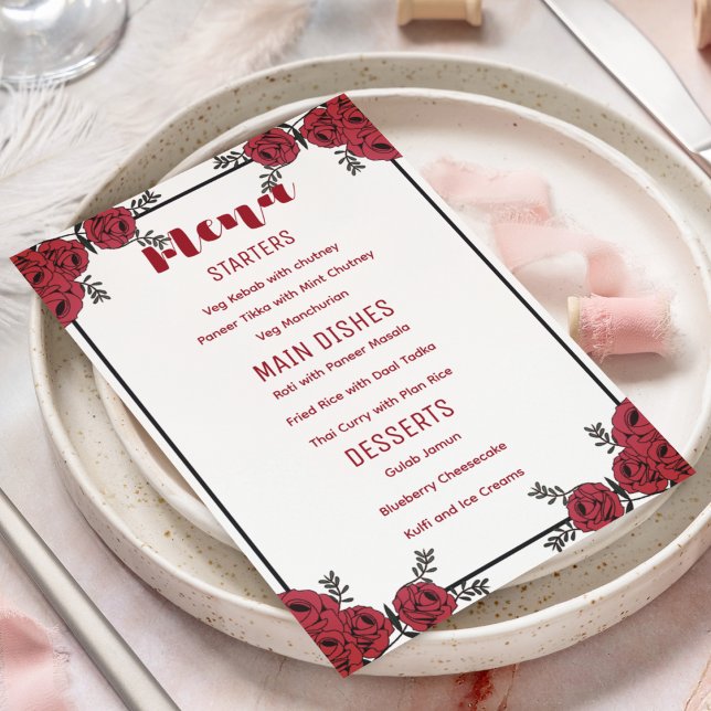 Menú Tema del Boda floral de rosa roja (perfect red floral theme menu card for your wedding)
