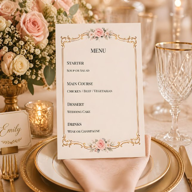 Menú Tema Rococó Elegante Boda Rosa Pálido (Ricoco themed wedding reception dinner menu)