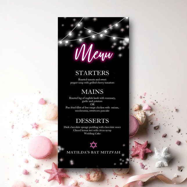 Menú temático de neón rosa intenso para Bat Mitzva (Subido por el creador)