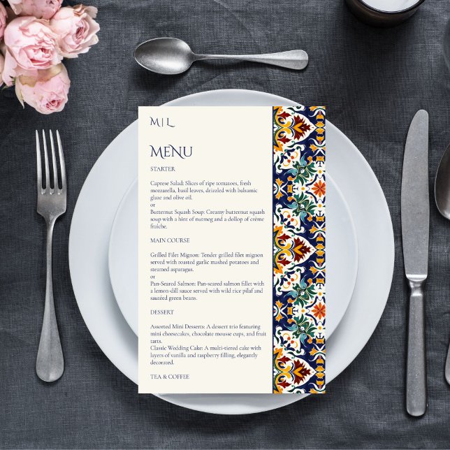 Menú temático mediterráneo Talavera Fiesta (Talavera Fiesta Mexican Mediterranean wedding theme menu card personalized table decor azulejo tiles)